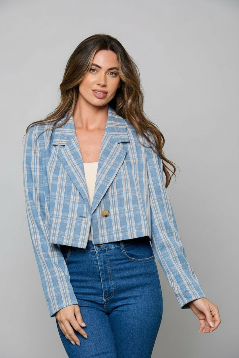 SKYLINE PLAID BLUE LIGHTWEIGHT BUTTON CLOSURE BLAZER