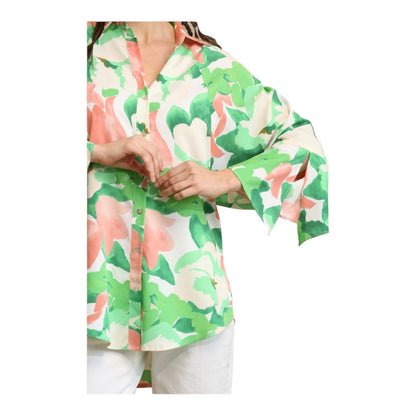 Dolman Sleeves Floral Print Button Down Shirt