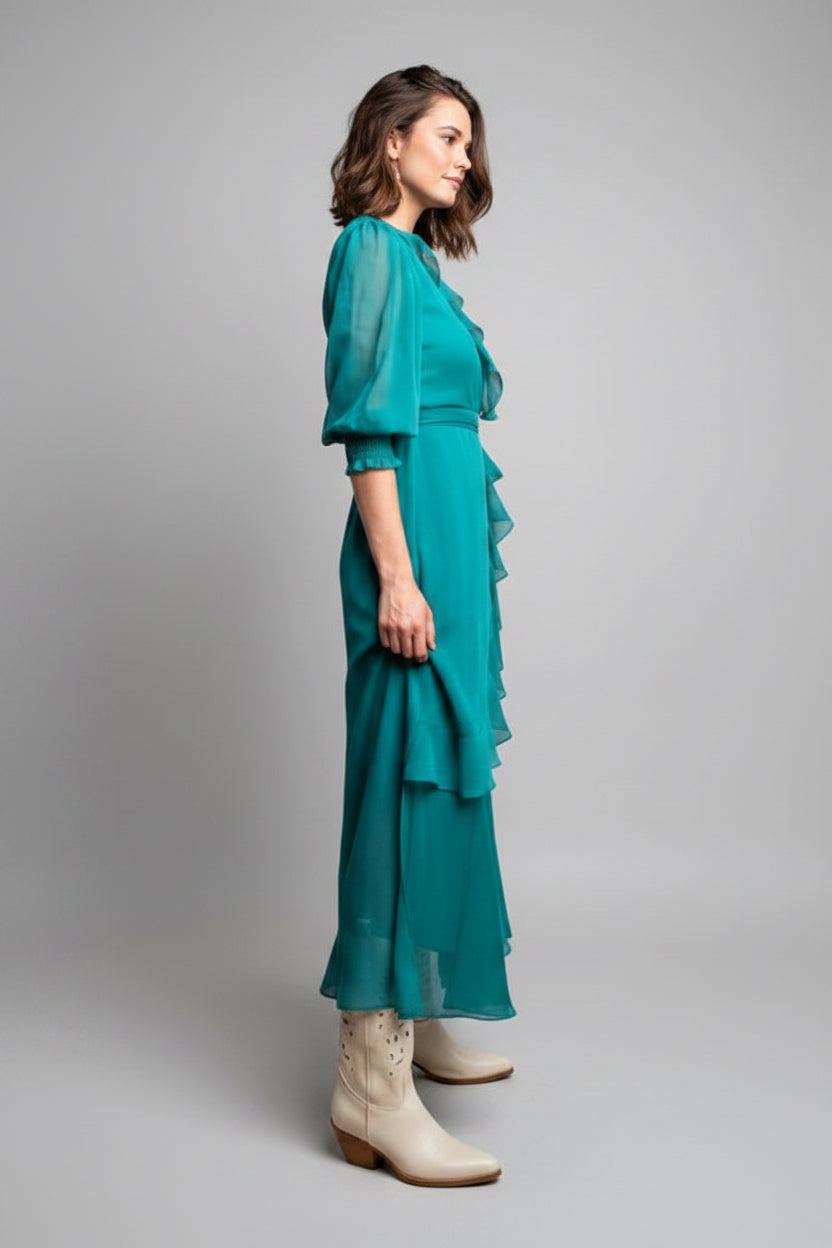 Wrap-style ruffle maxi dress