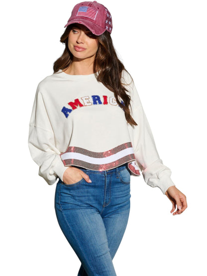 LONG SLEEVE SEQUINS AMERICA PATRIOTIC TOP