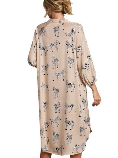 Satin Zebra Print Button Down High Low Hen Midi Dress