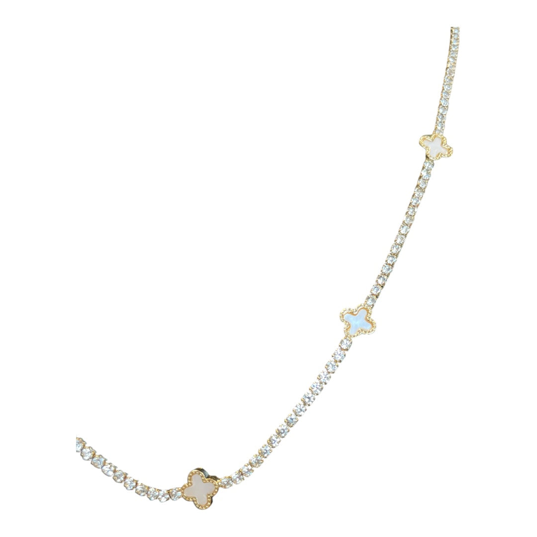 White Shell Clover Station Charms Rhinestone Chain Necklace
