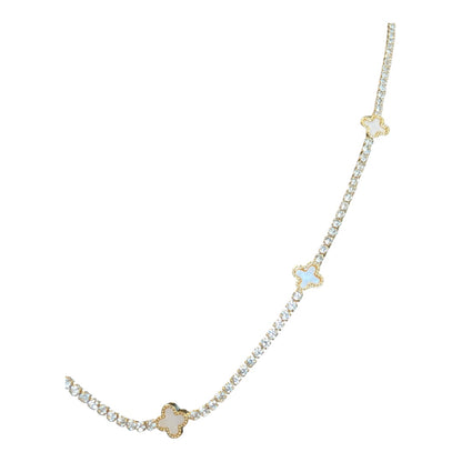 White Shell Clover Station Charms Rhinestone Chain Necklace