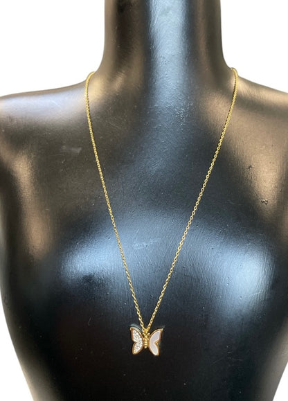 Gold Dipped Shell And Cz Pave Butterfly Pendant Necklace