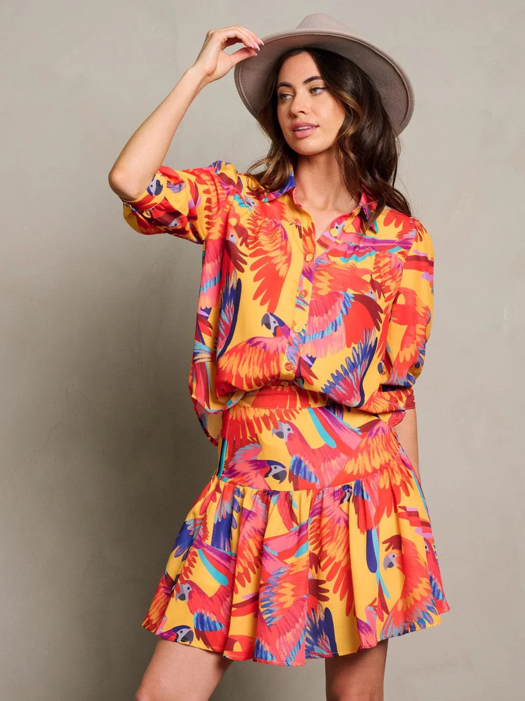 Tropical Bird Print Mini Skirt Set