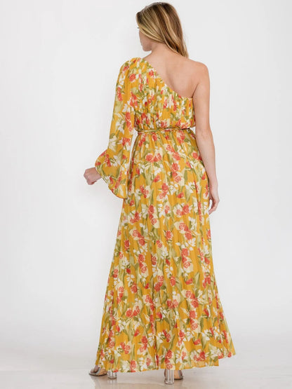 MUSTARD ONE SHOULDER  TIE FLORAL MAXI DRESS