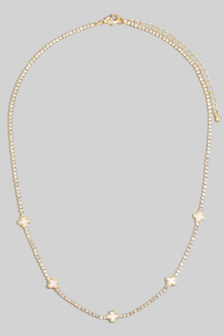 White Shell Clover Station Charms Rhinestone Chain Necklace