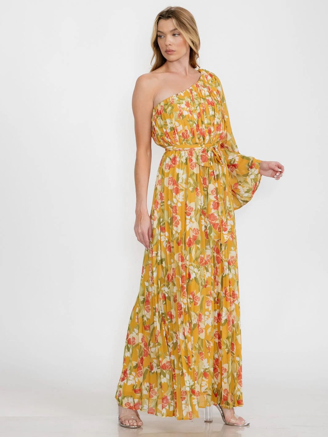 MUSTARD ONE SHOULDER  TIE FLORAL MAXI DRESS
