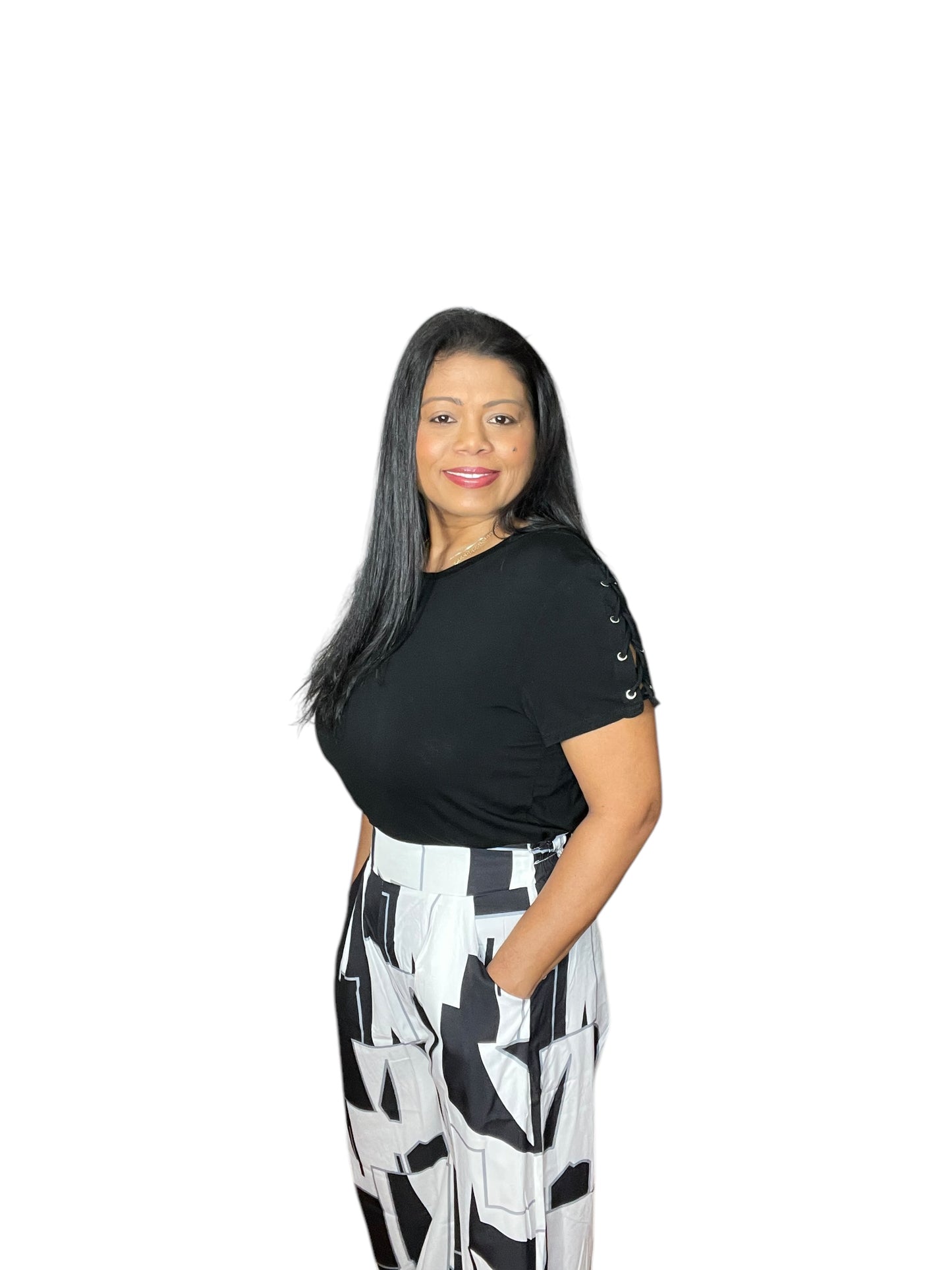 White/ Black High Waist Wide Leg Patterned Palazzo Pants
