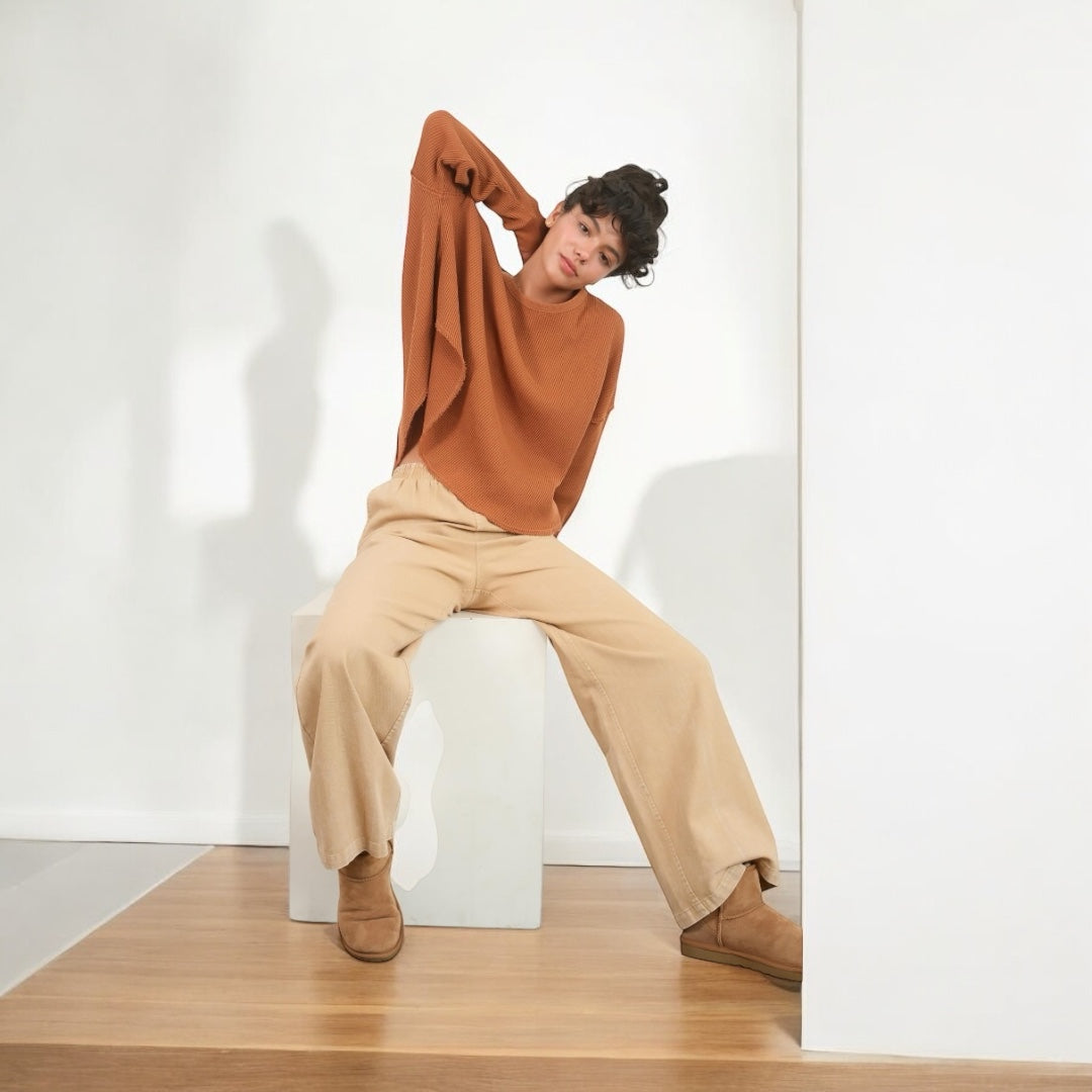 Taupe Elastic Waist wide Leg Pants