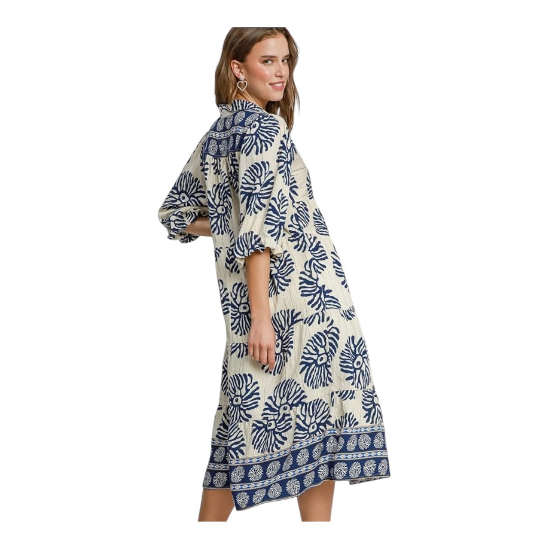 Navy Print Tiered Midi Dress