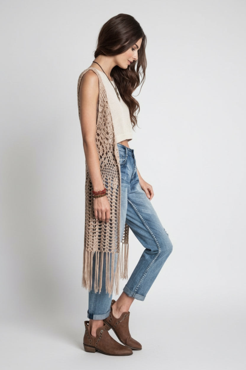 Mandala Design Crochet Fringe Hem Boho Vest