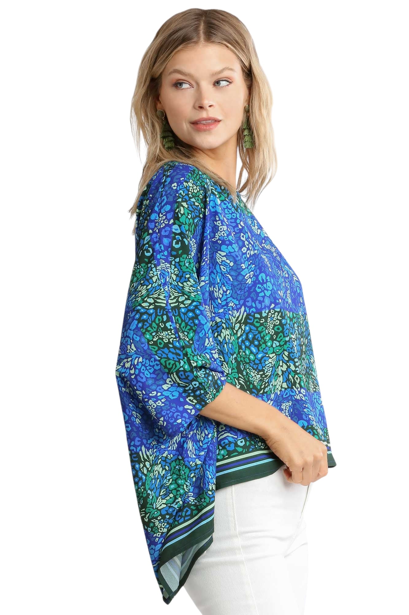 Animal Print Kimono 3/4 Sleeve Boat Neck Top