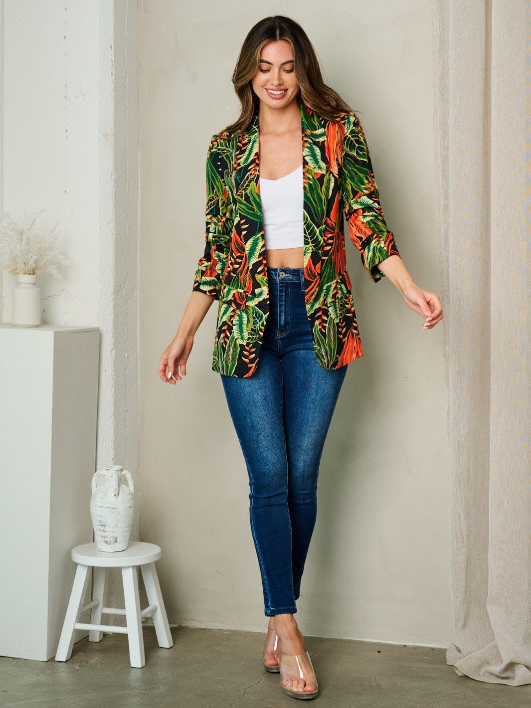 RED TROPICAL FLORAL OPEN FORNT 3/4 SLEEVE BLAZER