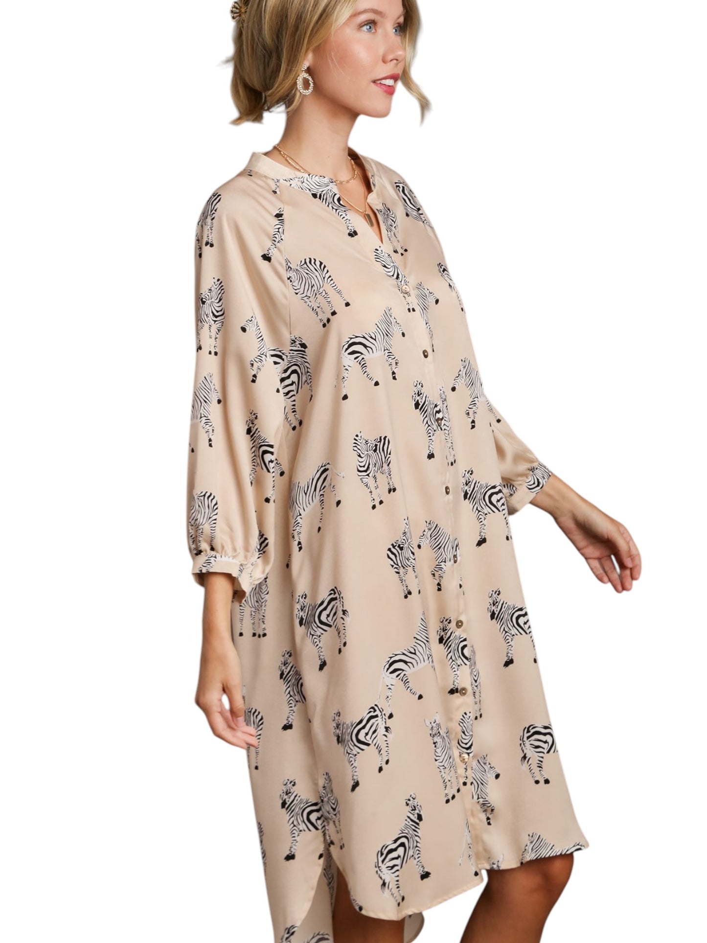 Satin Zebra Print Button Down High Low Hen Midi Dress