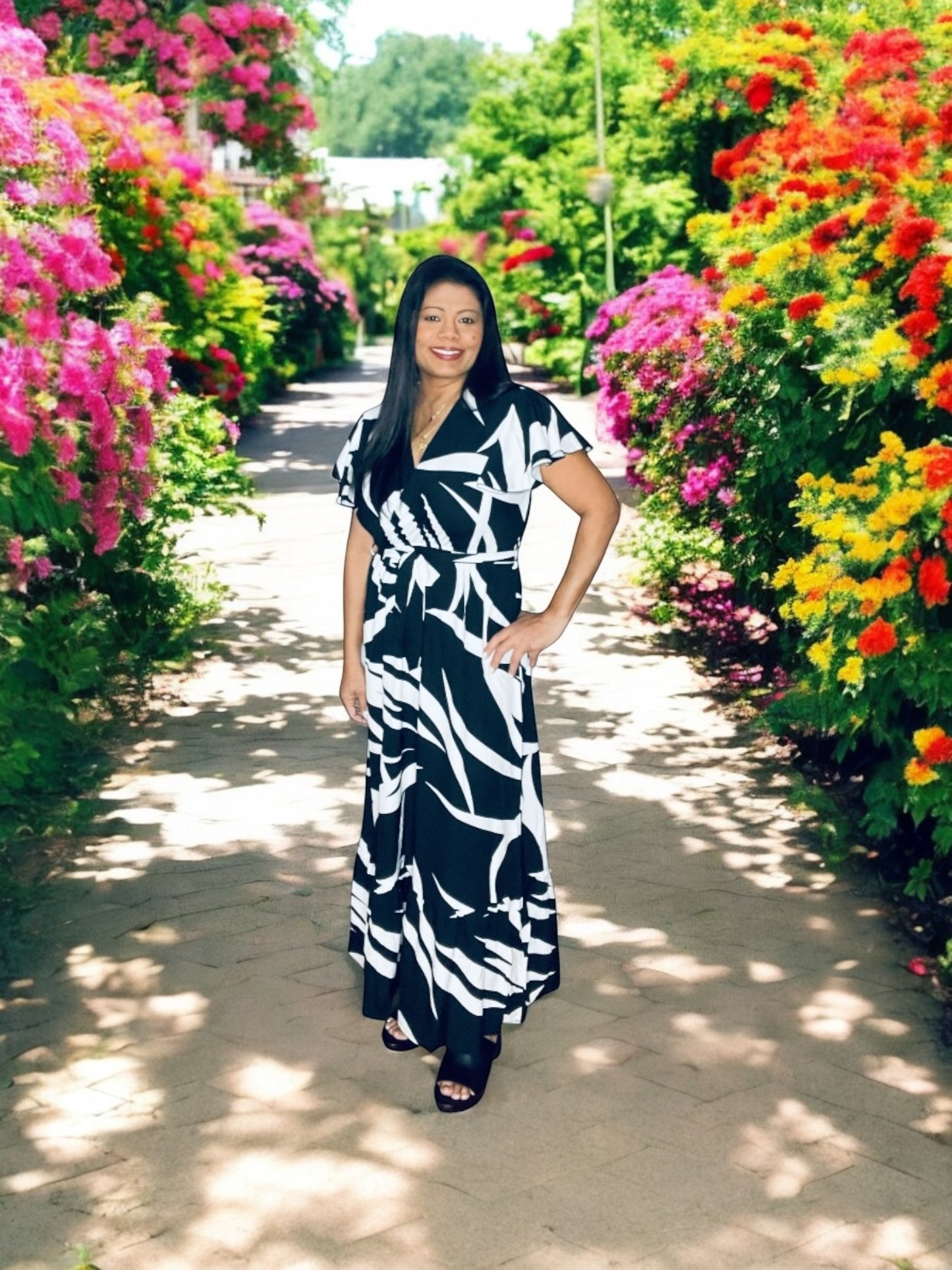 Black & White Crossover Top Floral Long Dress With Tie Belt