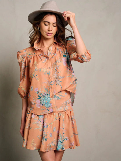PEACH FLORAL MINI SKIRT SET