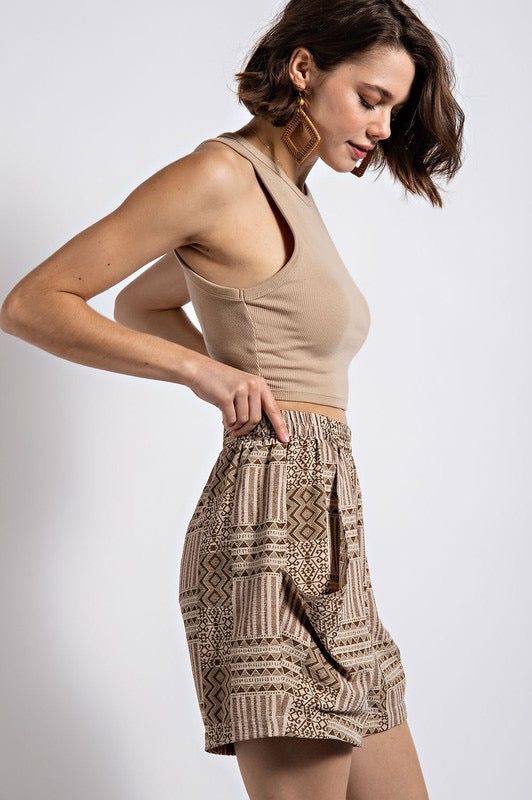 High Waisted Brown Aztec Print Shorts
