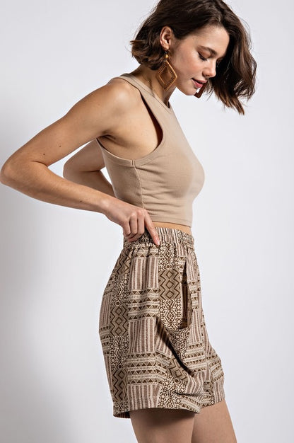 High Waisted Brown Aztec Print Shorts