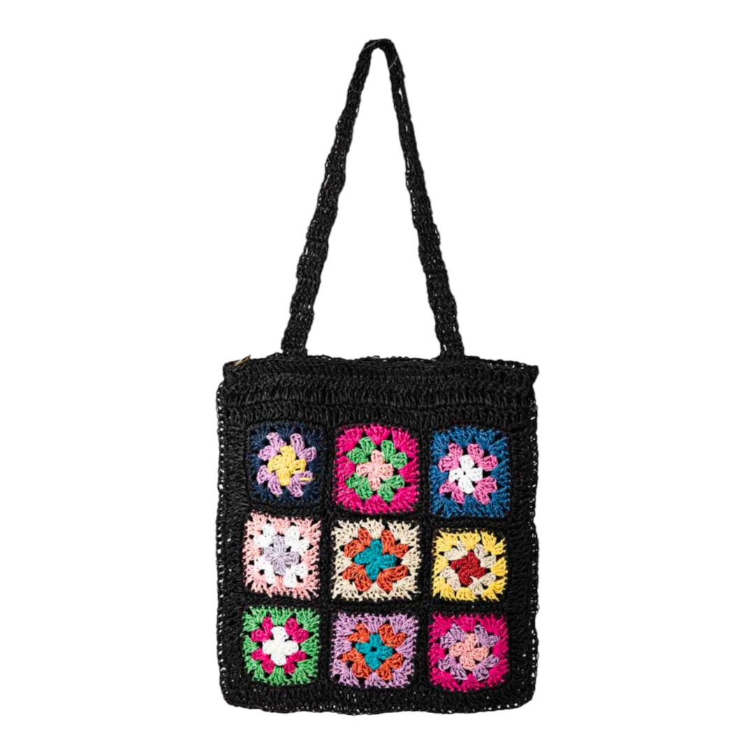 BOHO BLOOM BLACK FLORAL PATCH BRAIDED STRAW TOTE BAG