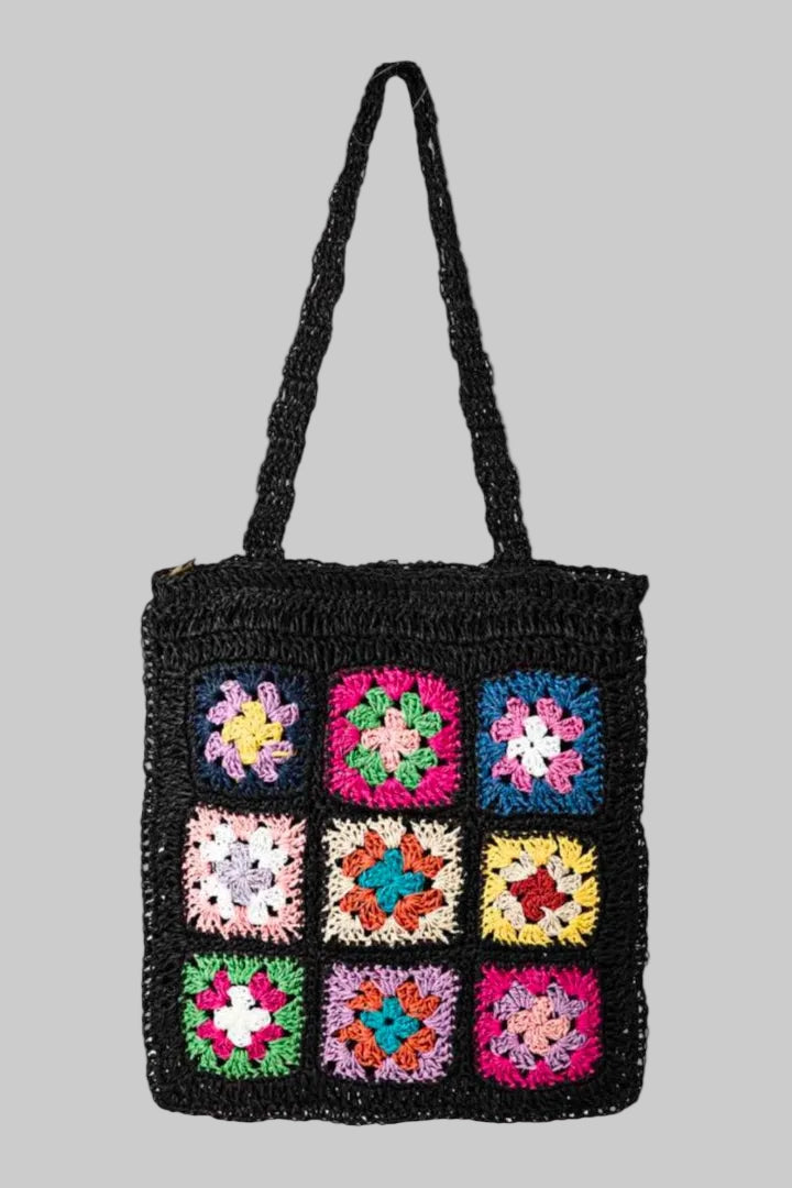 BOHO BLOOM BLACK FLORAL PATCH BRAIDED STRAW TOTE BAG