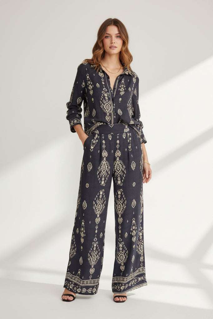 Black paisley button-down top and wide leg pants set