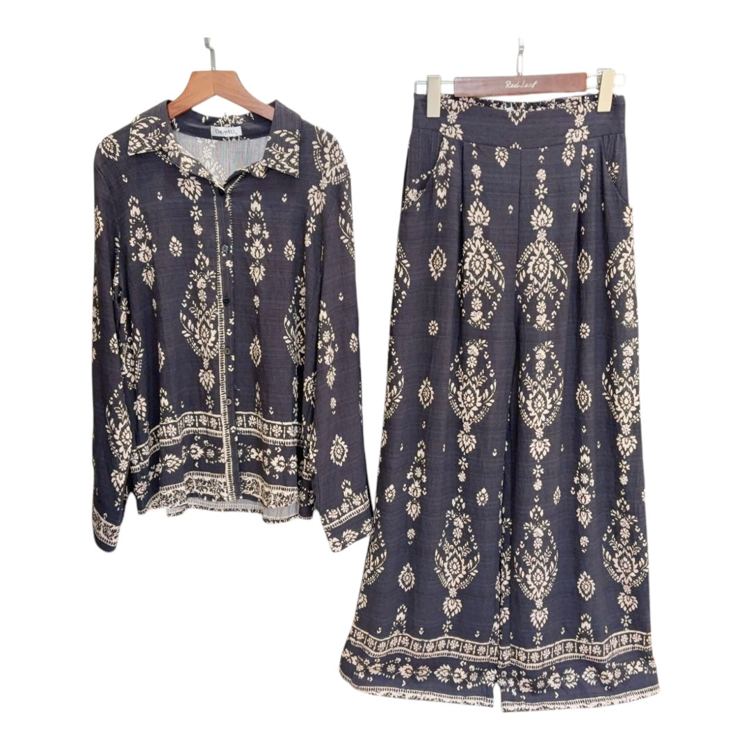 Black Paisley Button Down Top Wide Leg Two-Piece Set