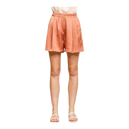 Golden Pleated Wide Leg and Elastic Waist Satin Shorts