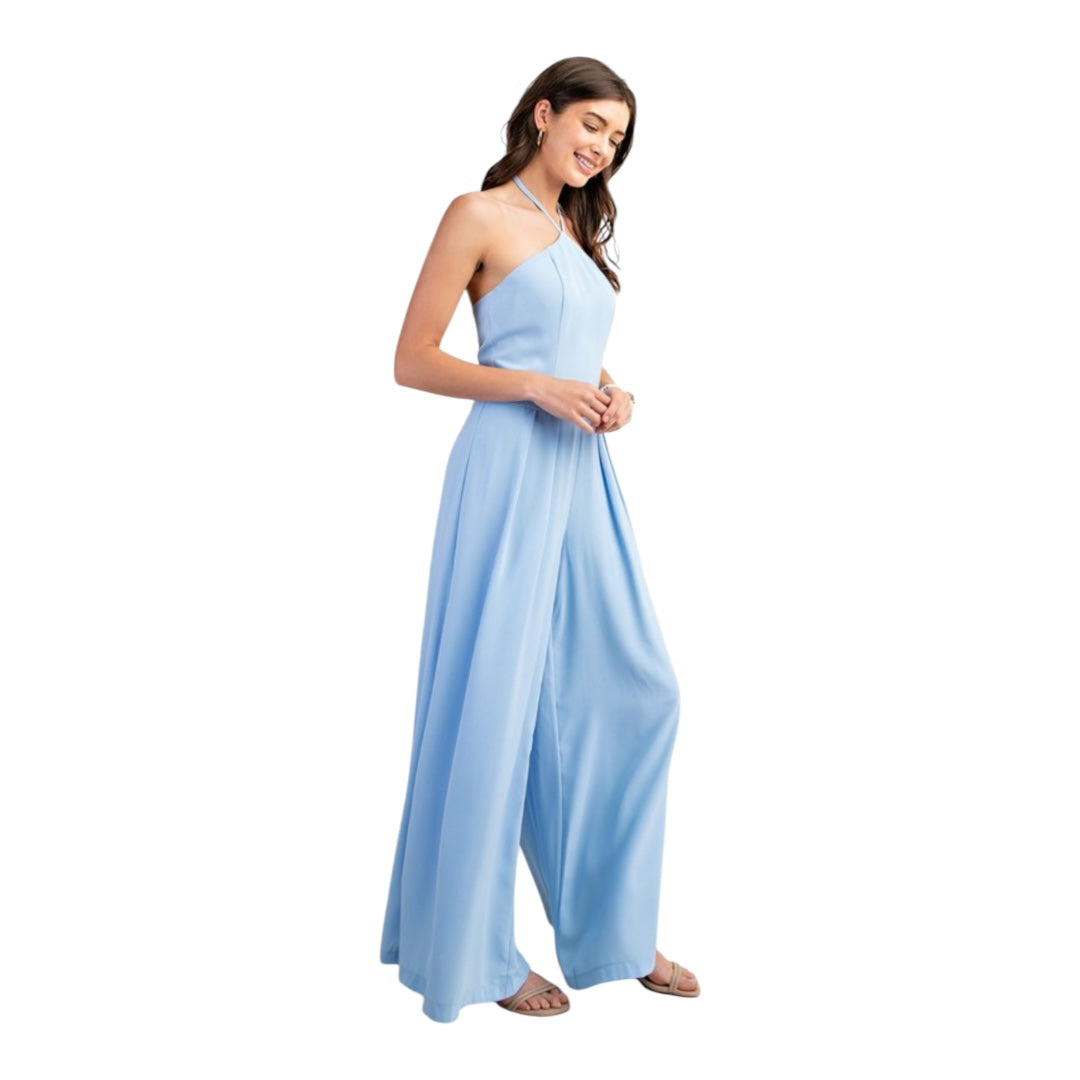 Lt. Blue Halter Neck Wide Leg Jumpsuit