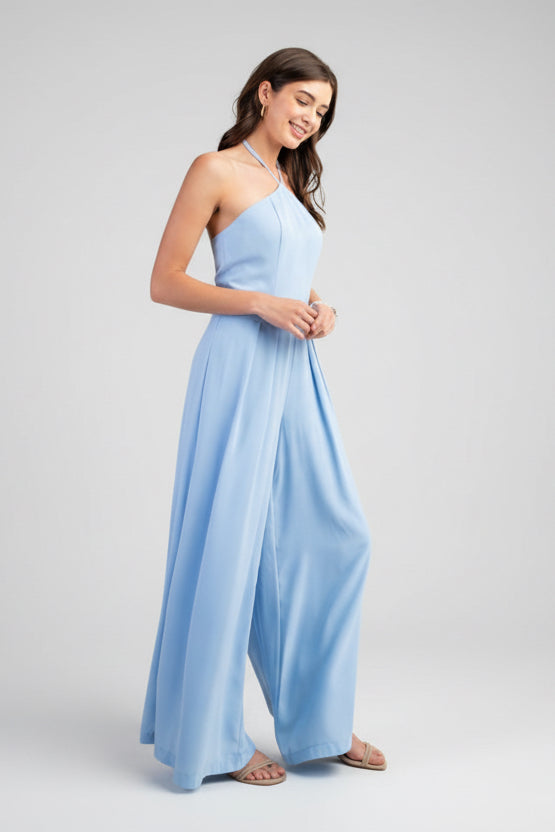 TWILIGHT STROLL BLUE HALTER NECK WIDE LEG JUMPSUIT