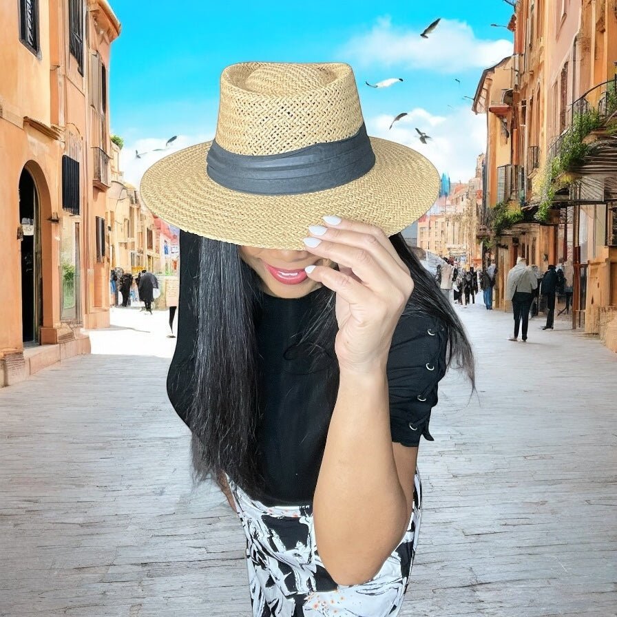 Straw Hat with Black Hat Band