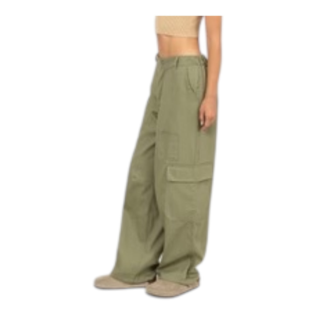 Olive Green Elastic Waist Wide - Leg Cargo Pants