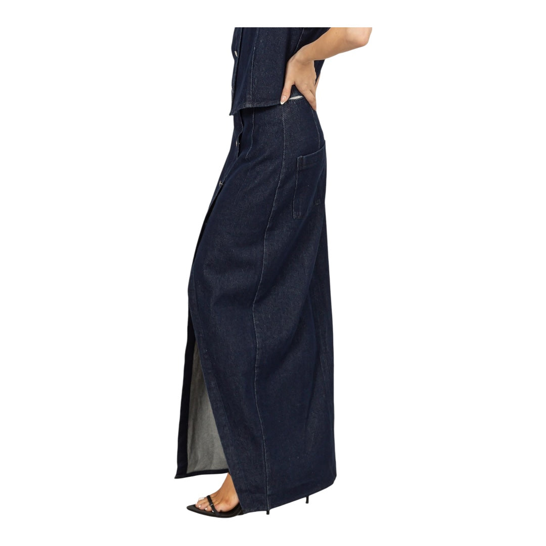 Long Dark Denim Button Front Skirt