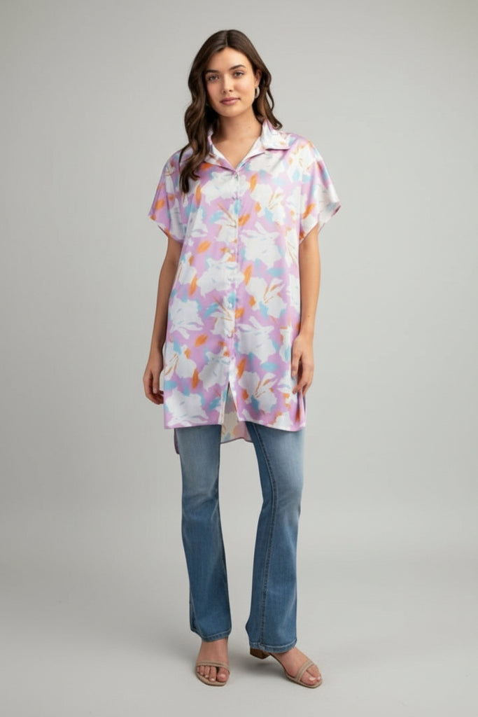 Floral print button-down short sleeve top