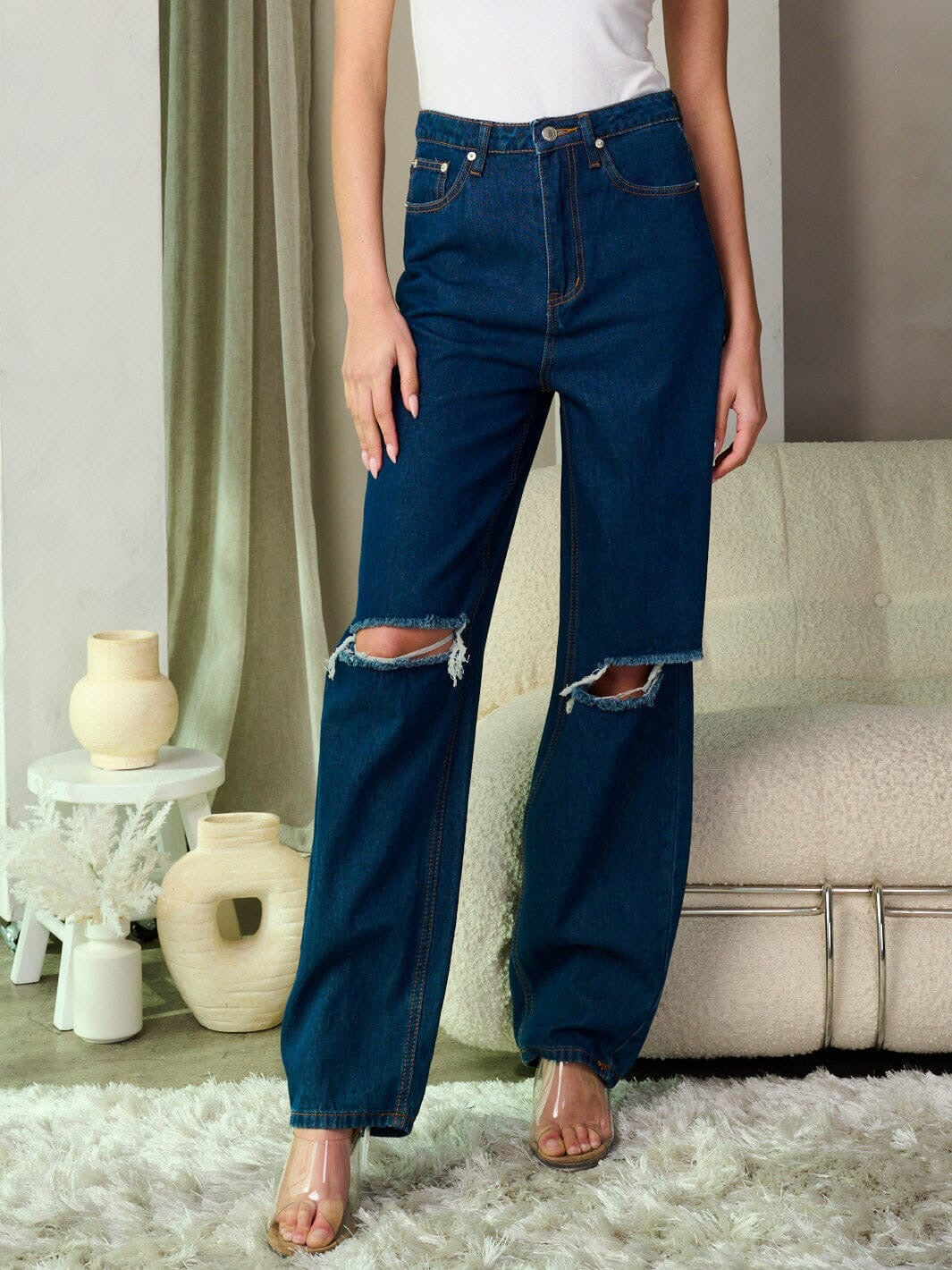 DARK BLUE BUTTON CLOSURE DISTRESS WIDE LEG DENIM PANTS