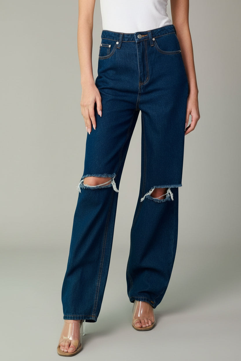 DARK INDIGO RIPPED KNEE'S 90'S BOYFRIEND BAGGY LEG DENIM JEANS
