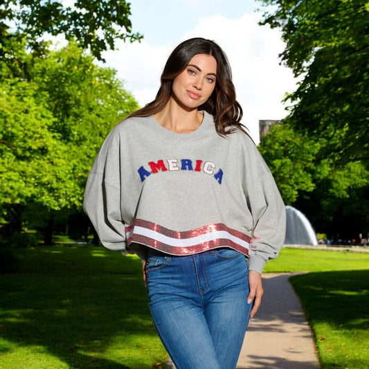 LONG SLEEVE SEQUINS AMERICA PATRIOTIC TOP