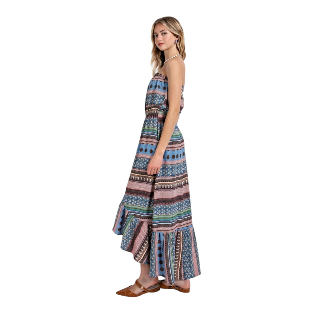 Gabby Sky Blue Mixed Print Button Detailed Tube Midi Dress