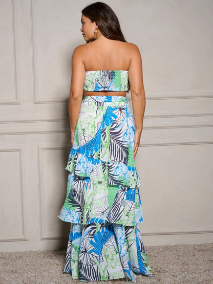 TROPICAL FOLIAGE CROP TOP & RUFFLE SKIRT 2 PC SET