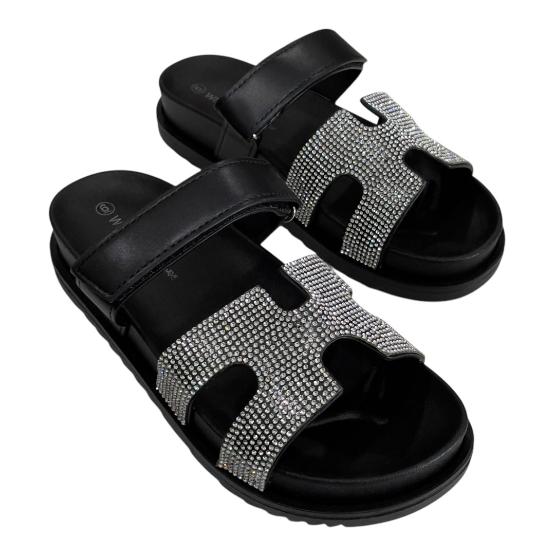 BLACK EMBELLISHED SLIP ON SLIDES