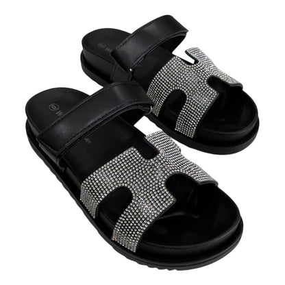 BLACK EMBELLISHED SLIP ON SLIDES