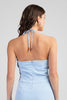 Light blue wide-leg jumpsuit with halter neck