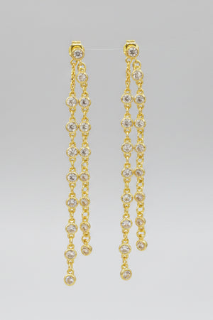CZ chain dangle earrings in gold dipped finish, pair view