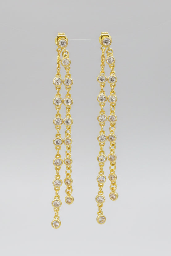 CZ chain dangle earrings in gold dipped finish, pair view