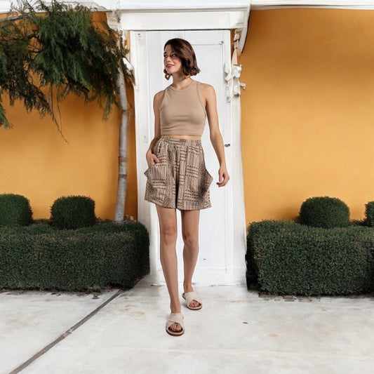 High Waisted Brown Aztec Print Shorts