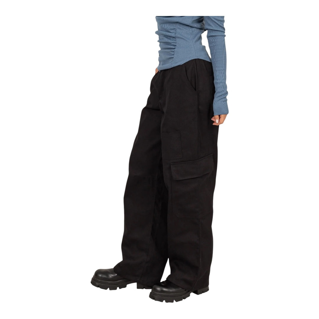 Black Elastic Waist Wide - Leg Cargo Pants
