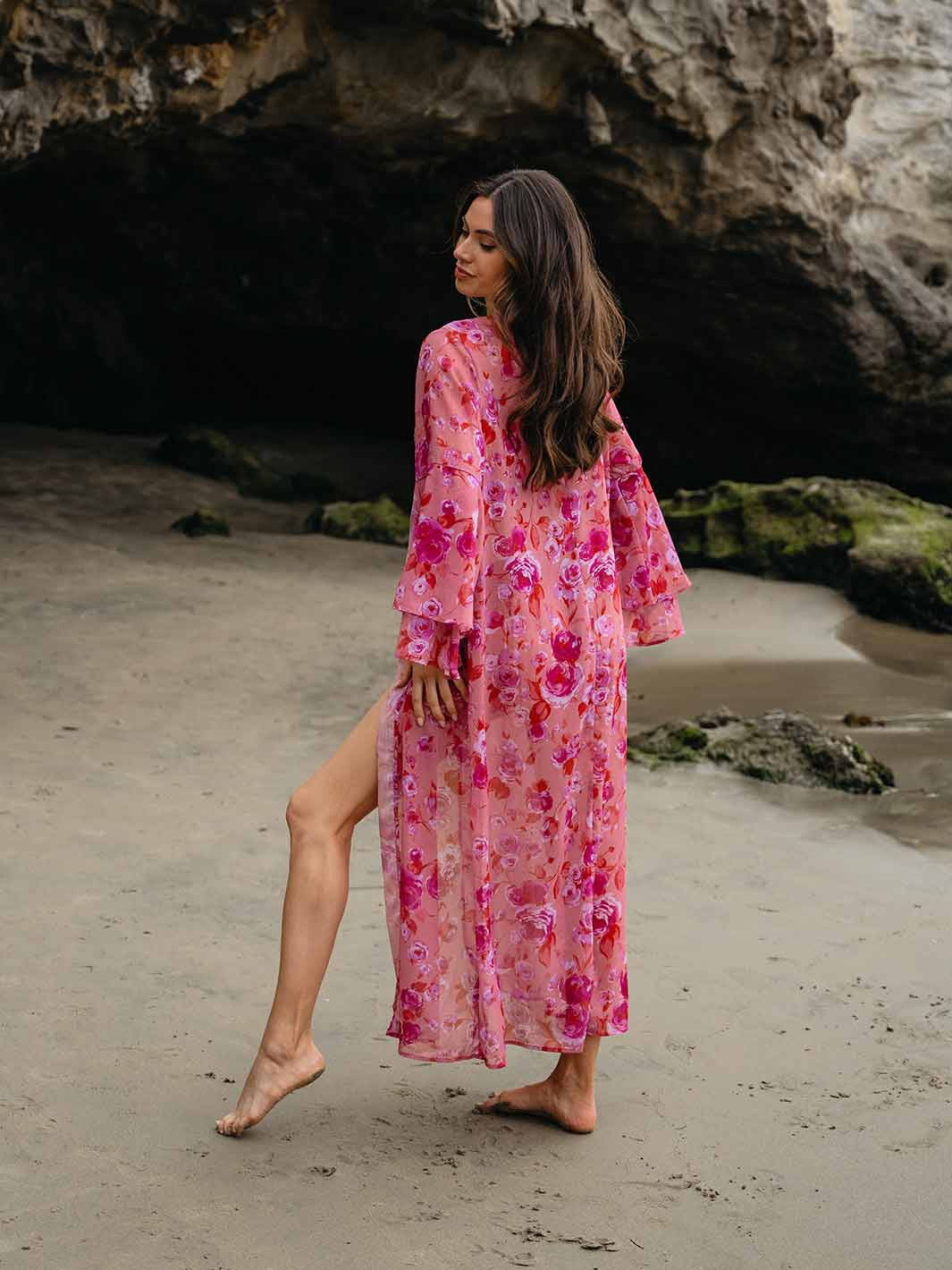 FLORAL RUFFLE SLEEVE OPEN FRONT FLORAL KIMONO/ SWIM COVERUP