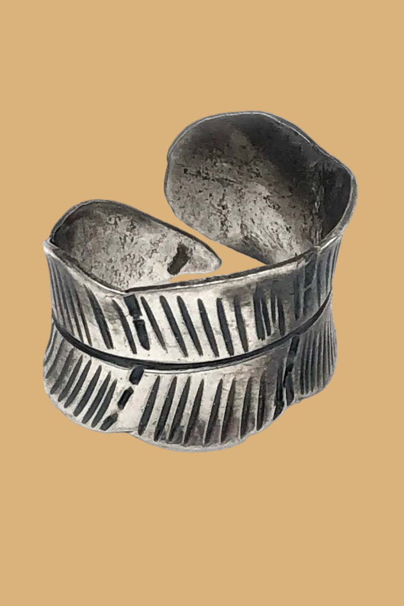Handmade Banana Leaf Kashi  antique silver plated adjustable ring.