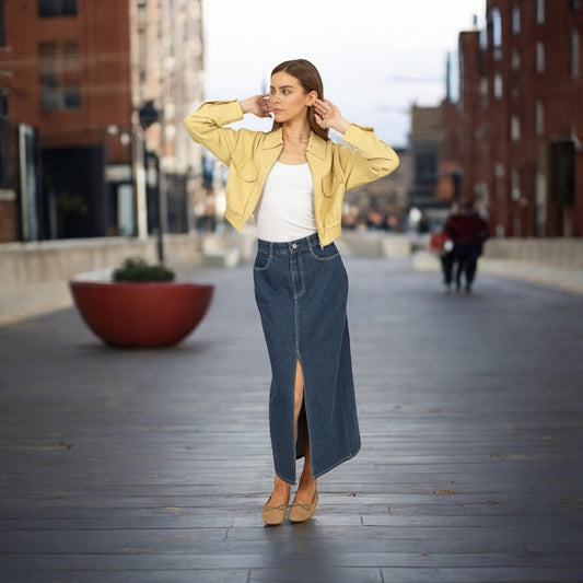 Midi Denim Skirt with Front Split