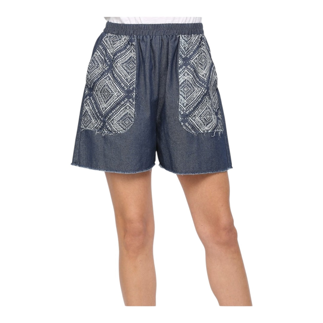 Dark Denim and Print Pockets Elastic Waist Shorts